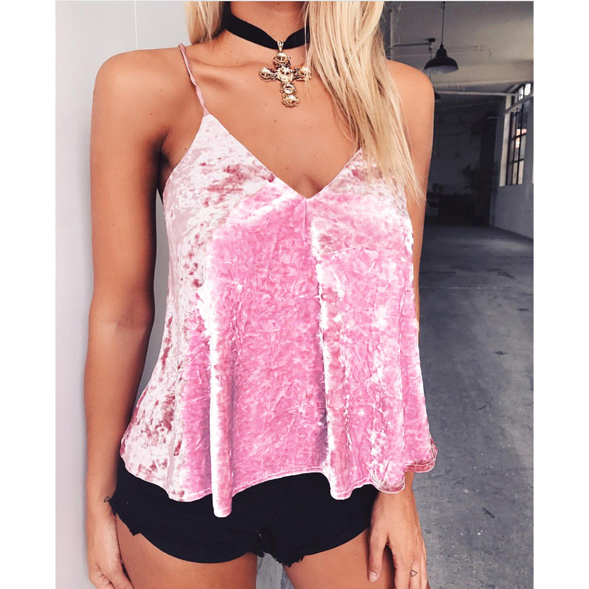 Sexy Adjustable Spaghetti Strap Velvet Backless Vest Blouse