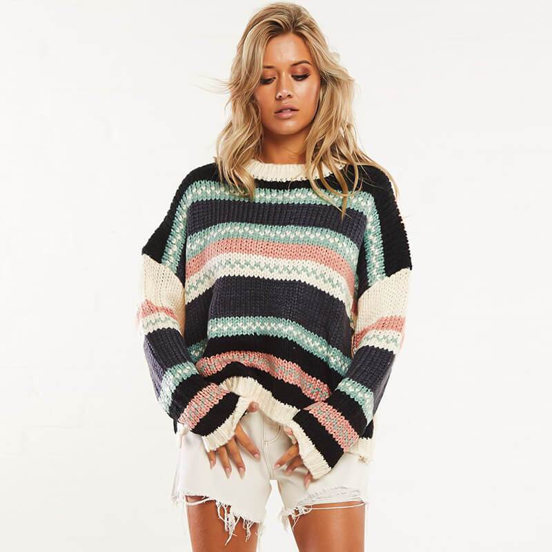 Long Sleeve Striped Colorblock Knit Sweater