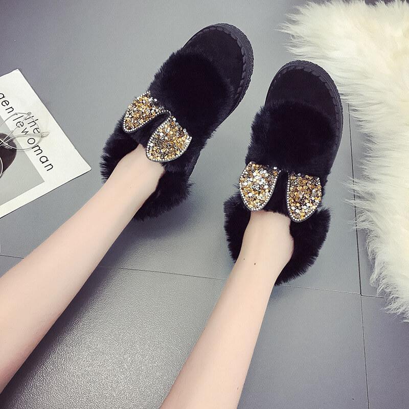 Rhinestone Fur Flat Suede Like Uggs Ankle Boots