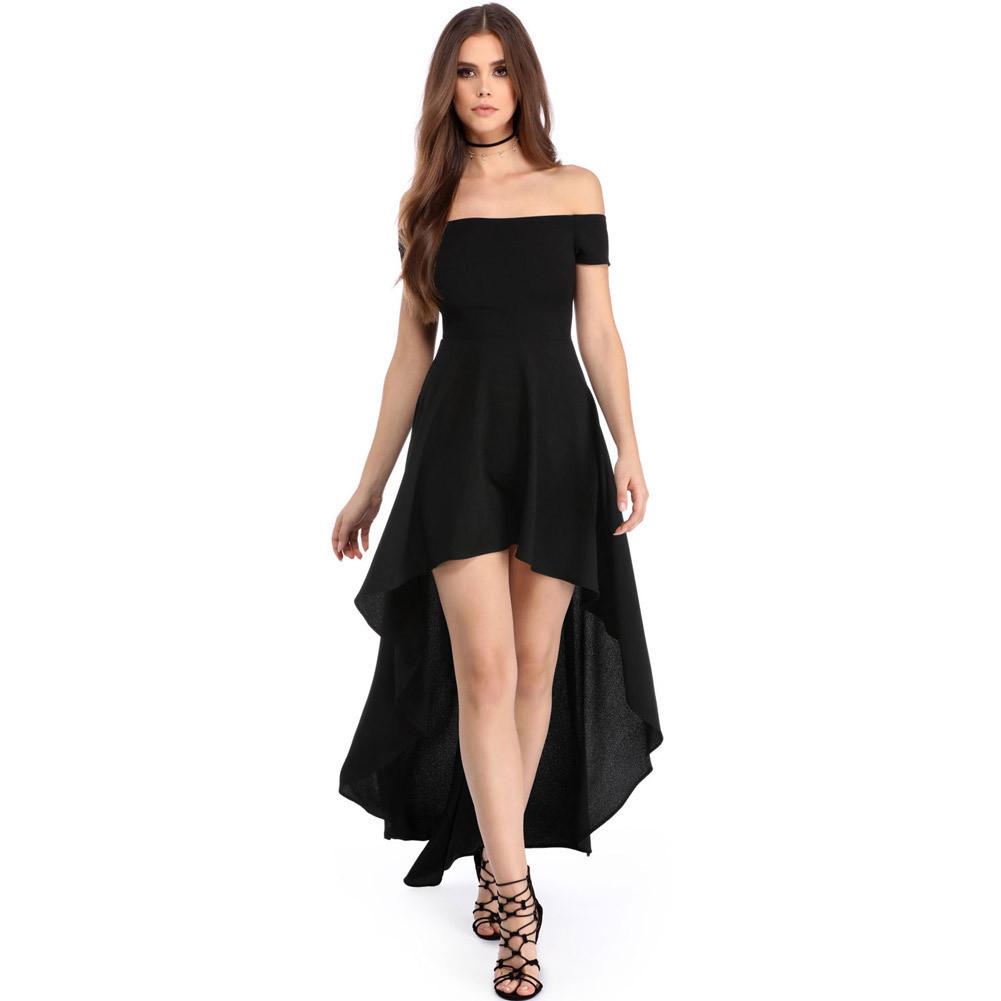 Pure Color Off-Shoulder High Waist Irregular Long Dress