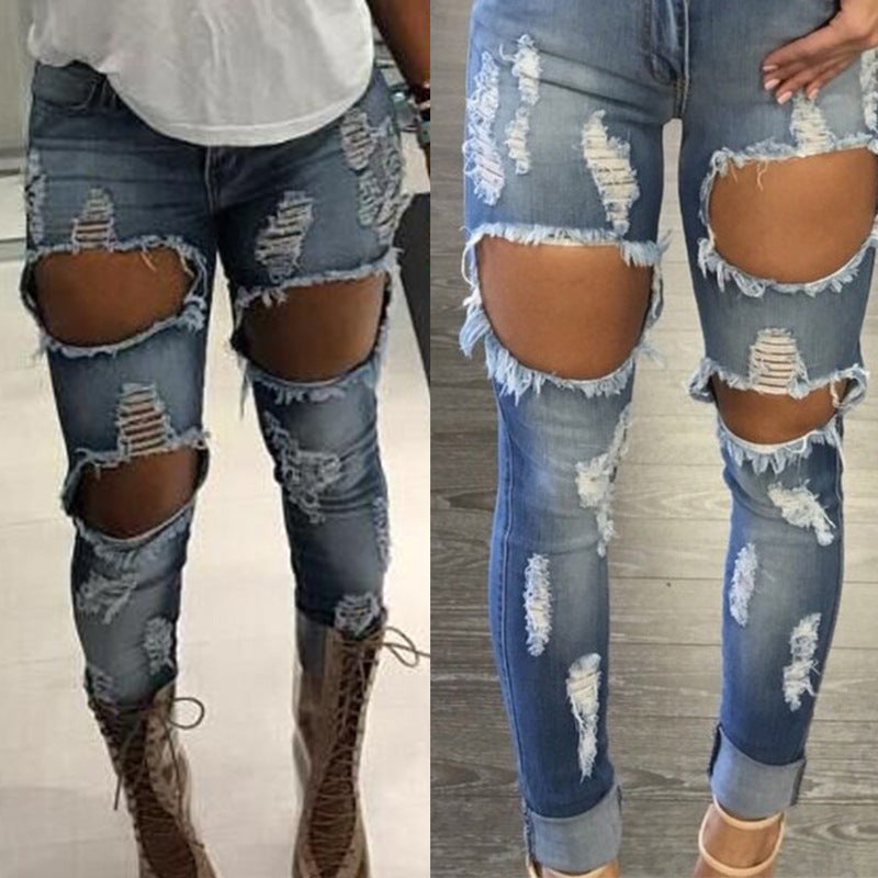 Curled Cut Out Rough Holes Slim Skinny Long Jeans Denim Pants