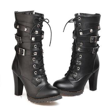 Round Toe Straps Lace Up High Chunky Heel Martin Half Boots