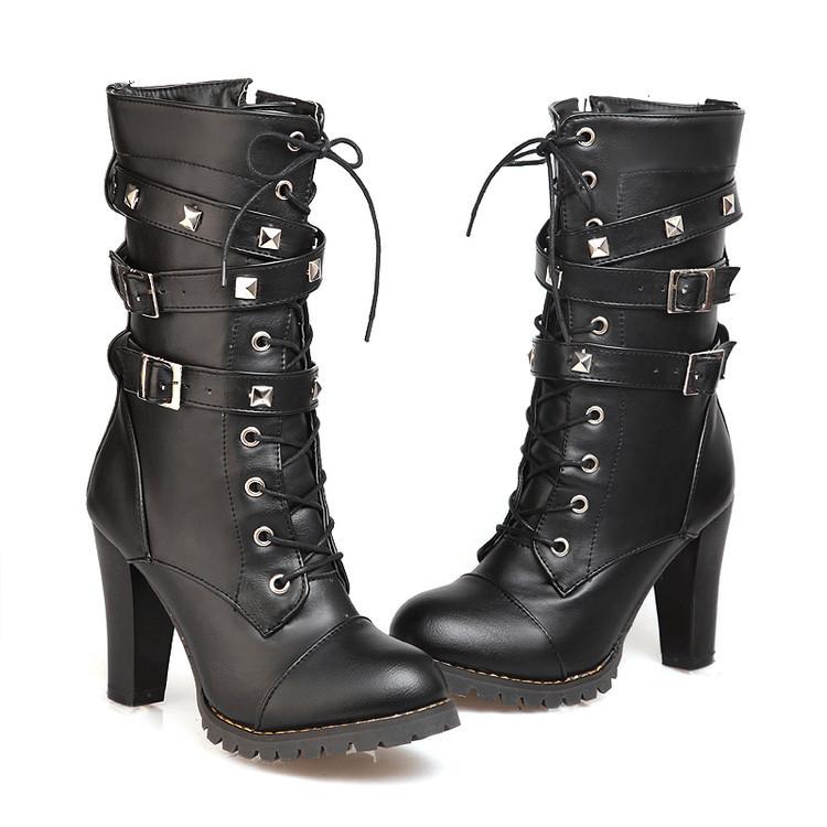 Straps Hasp Lace Up Round Toe High Chunky Heels Short Boots