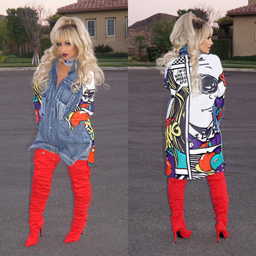 Print Irregular Denim Lapel Long Coat