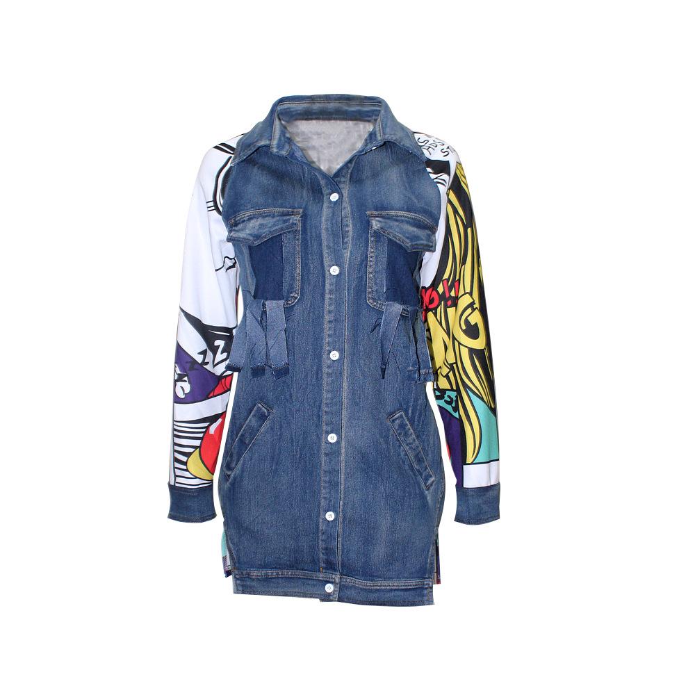 Print Irregular Denim Lapel Long Coat