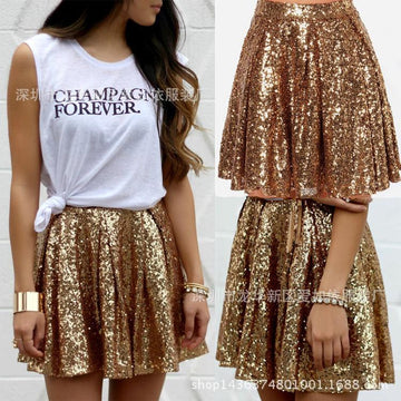 Shinning Golden Sequins Pleated Loose Short Skirt