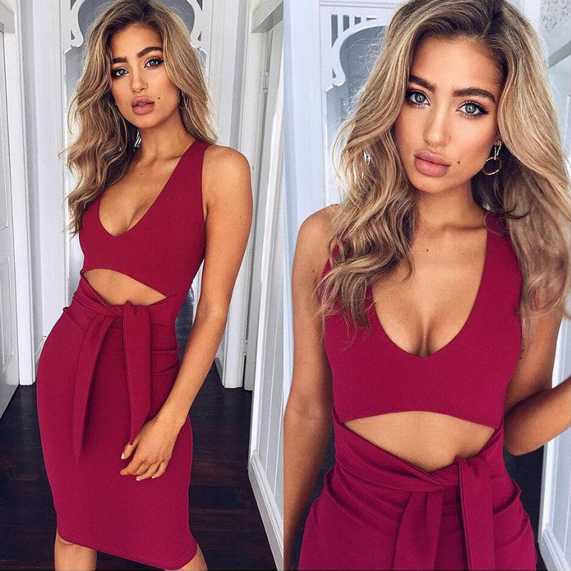 Skinny Sleeveless Scoop Neck Cut Out Knee-length Dress