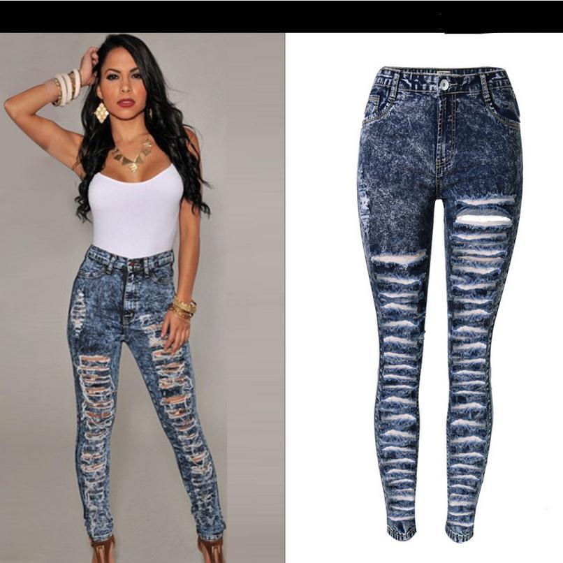 Straight Snow White Ripped Holes High Waist Skinny Plus Size Jeans - Meet Yours Fashion - 1