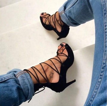 Lace Up Suede Stiletto Heel Peep-toe Ankle Straps High Heel Sandals