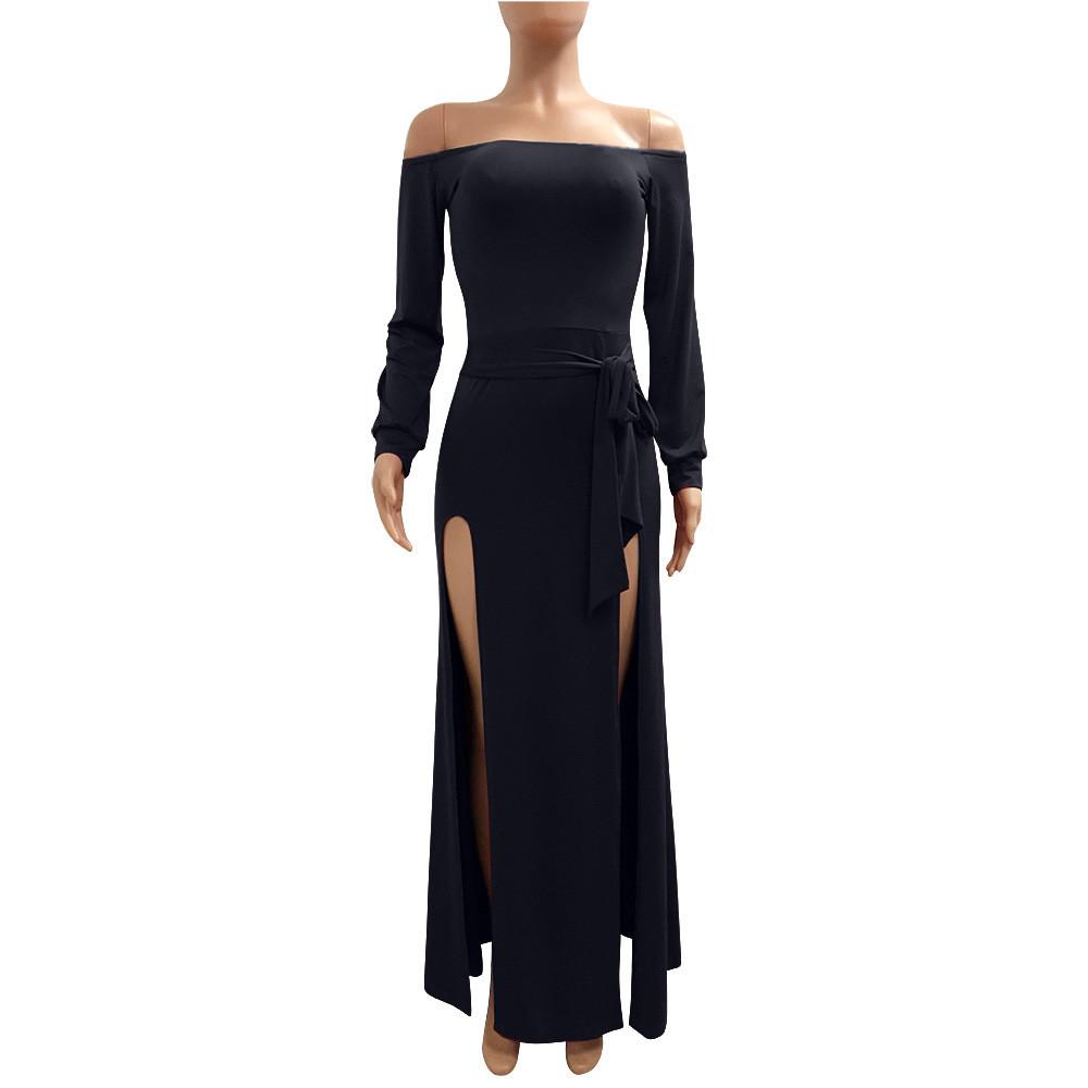 Long Sleeves Off Shoulder Pure Color Long Split Dress