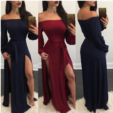 Long Sleeves Off Shoulder Pure Color Long Split Dress