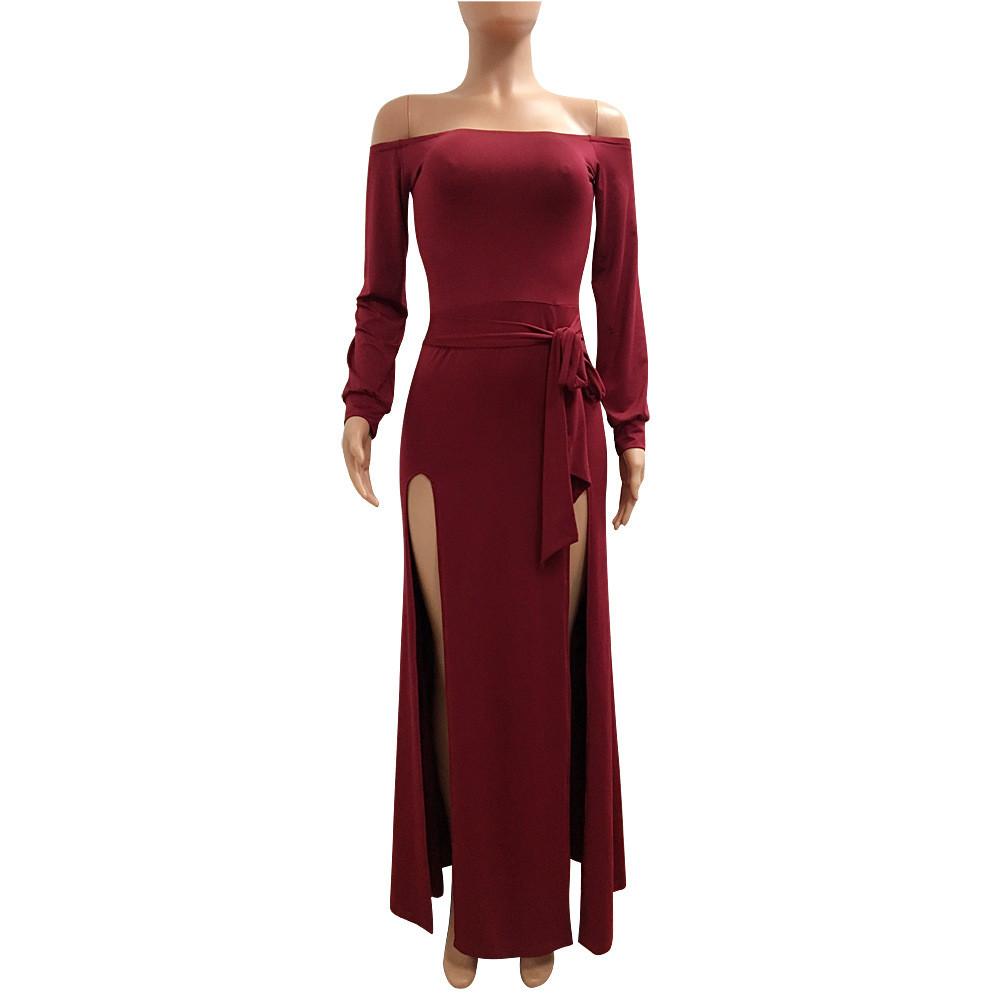 Long Sleeves Off Shoulder Pure Color Long Split Dress