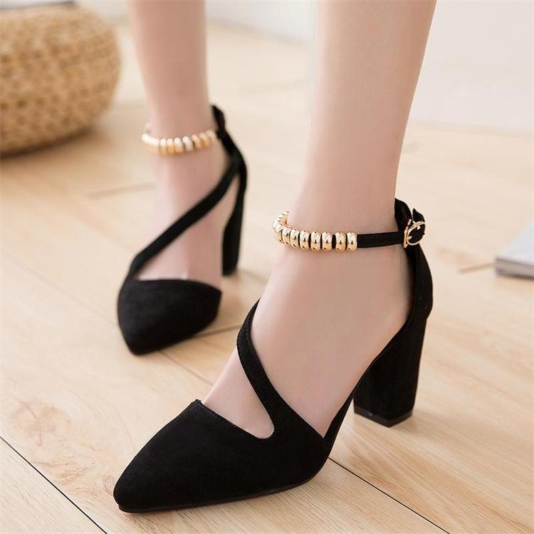 Suede Chunky Heel Piontrd Toe Beadings Ankle Strap Sandals