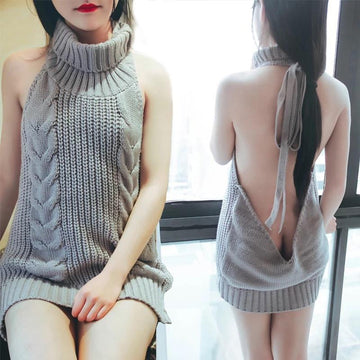 Sexy Fashion Backless Turtleneck Sleeveless Long Sweater