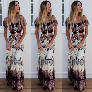 Retro Print Off Shoulder Short Sleeves Crop Top with Long Skirt Two Pieces Dress Set