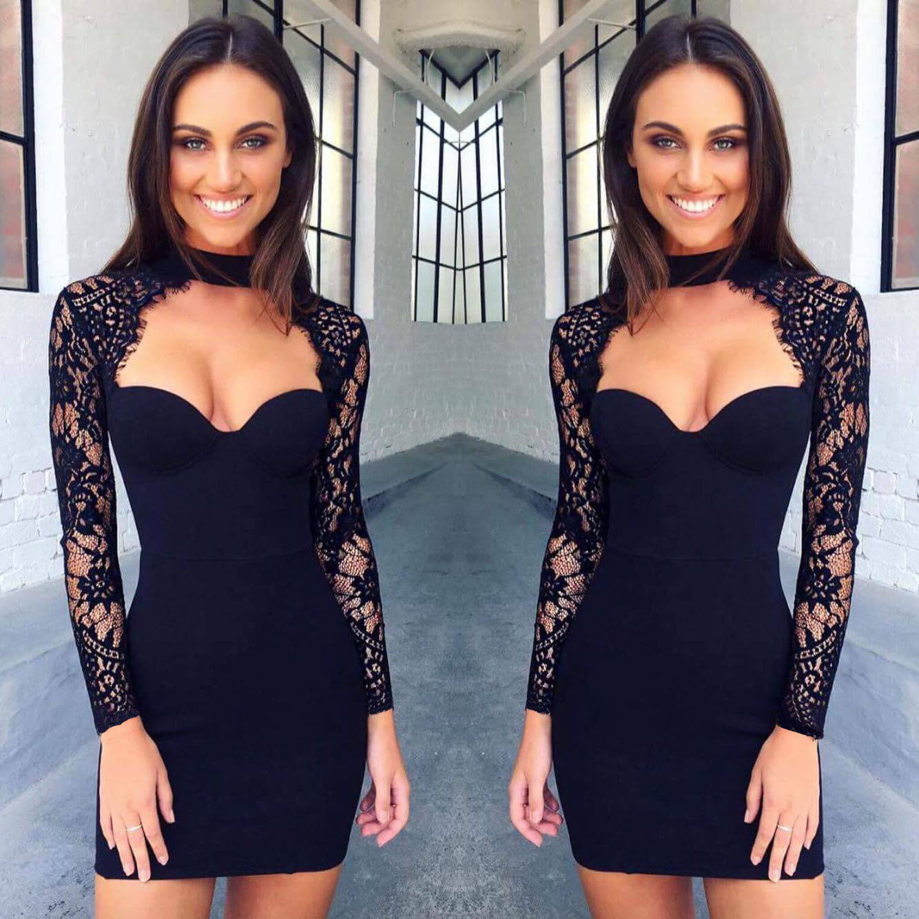 Cut Out Long Lace Sleeves Bodycon Short Dress