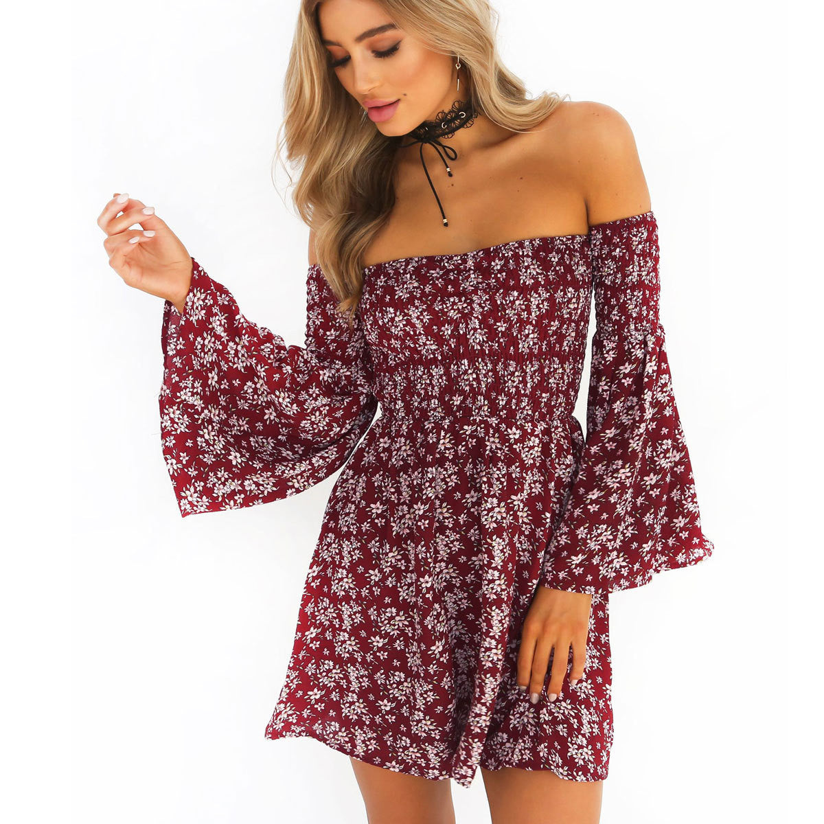 Off Shoulder Floral Print Long Trumpet Sleeves Short Dress