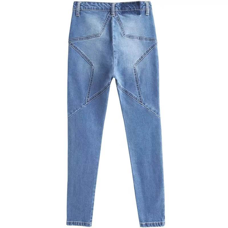 Star Pattern Patchwork High Waist 9/10 Jeans Denim Pants