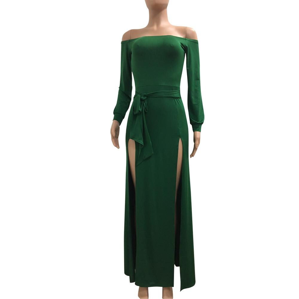 Long Sleeves Off Shoulder Pure Color Long Split Dress