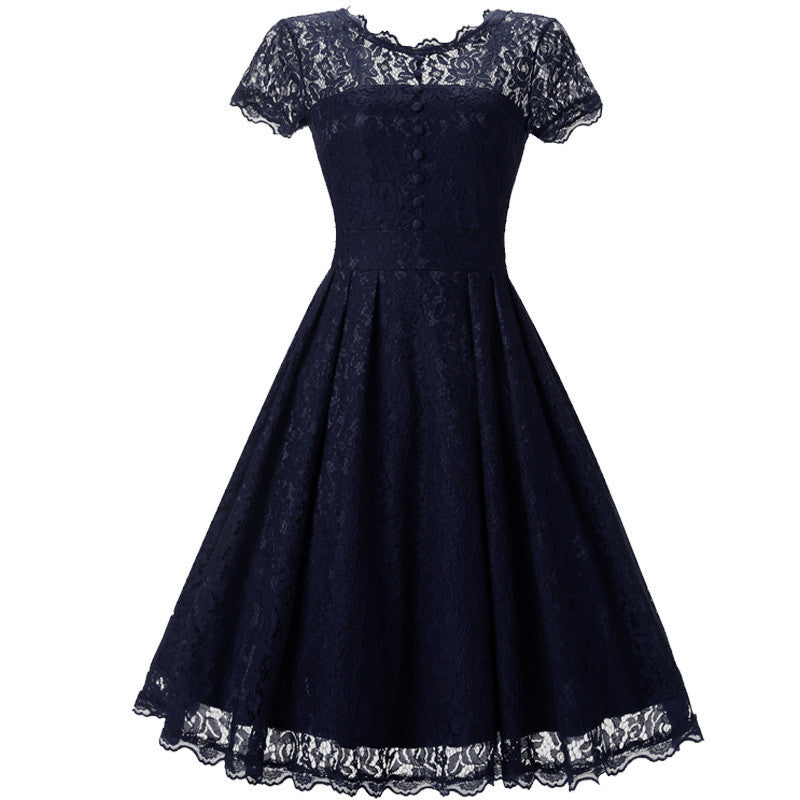 Lace Short Sleeves Splicing Pleated Single Button Short Dress
