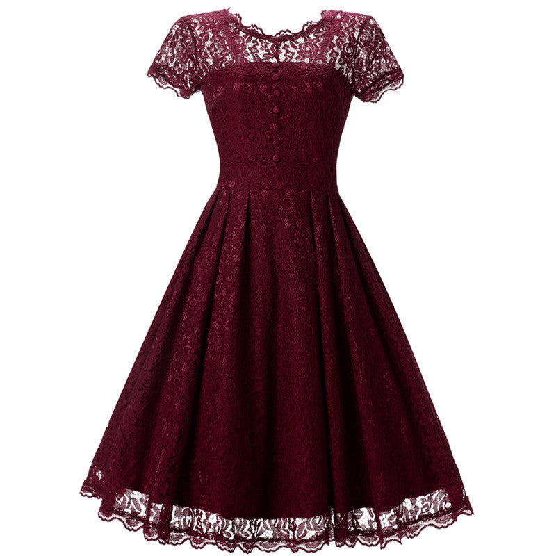 Lace Short Sleeves Splicing Pleated Single Button Short Dress