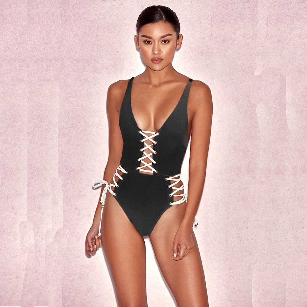 Strappy Hollow Out V-neck Straps Backless One Piece Swimwear
