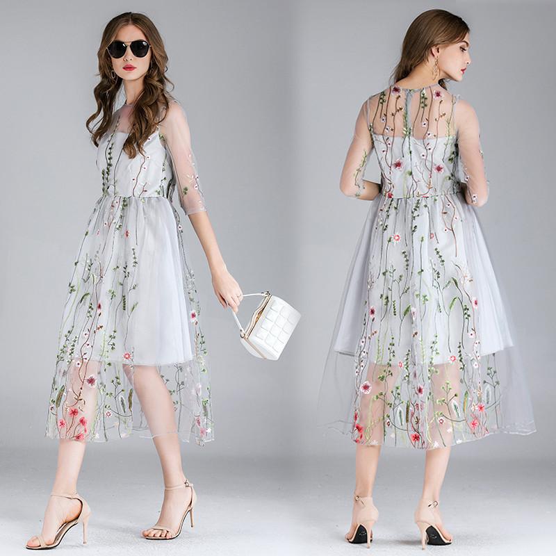 Embroidery Flowers Transparent Mesh Patchwork Tee-length Dress