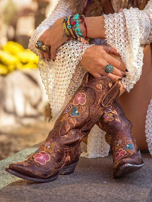 Floral Closed Toe Slip-On Embroidery Boots