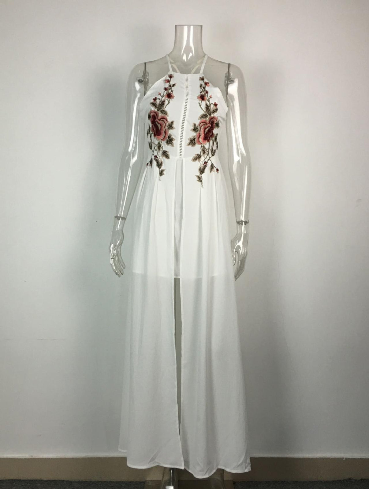 Floral Embroidered Halter Neck Maxi Dress Featuring Criss-Cross Open B