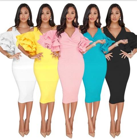 Sexy Bodycon Party Dress V Neck Ruffles Sleeve Split Off The Shoulder Slim Women Pencil Dress