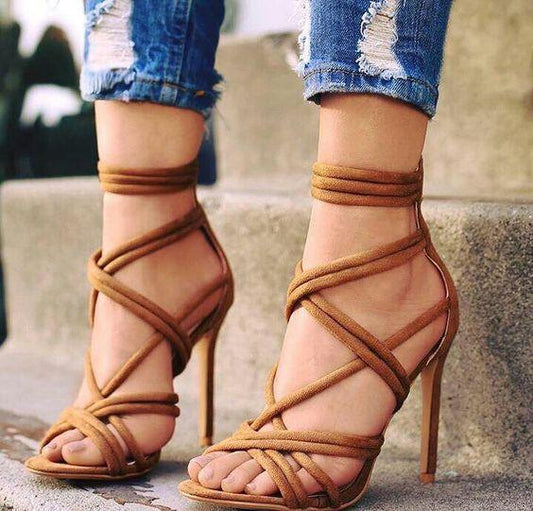 Brown rope strap high heels