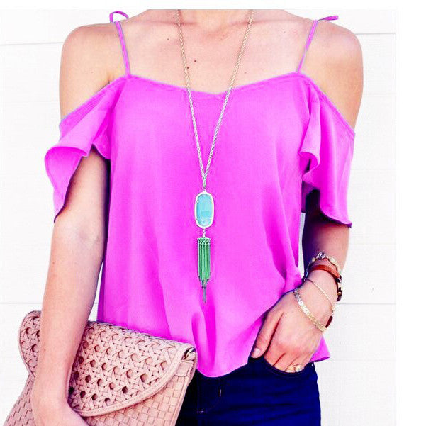 Spaghetti Straps Short Sleeves Candy Color Loose Blouse