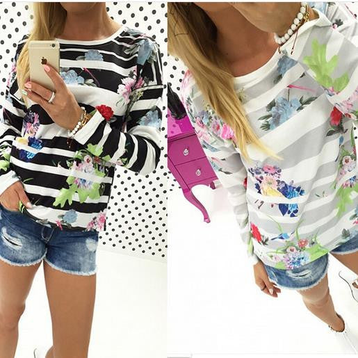 Fashion Striped Flower Long Sleeves Scoop Blouse