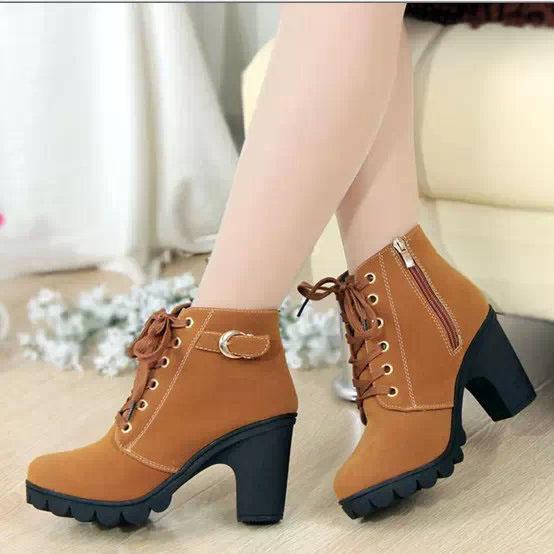 Low Chunky Heels Side Zipper Lace Up Short Boots