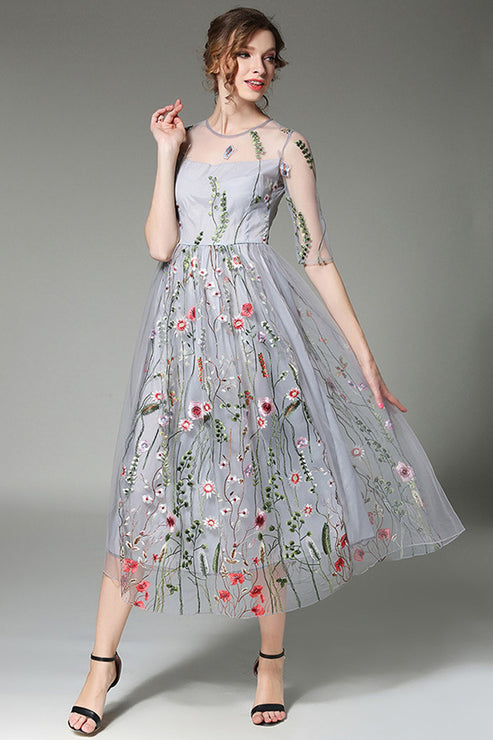 Embroidery Flowers Transparent Mesh Patchwork Tee-length Dress