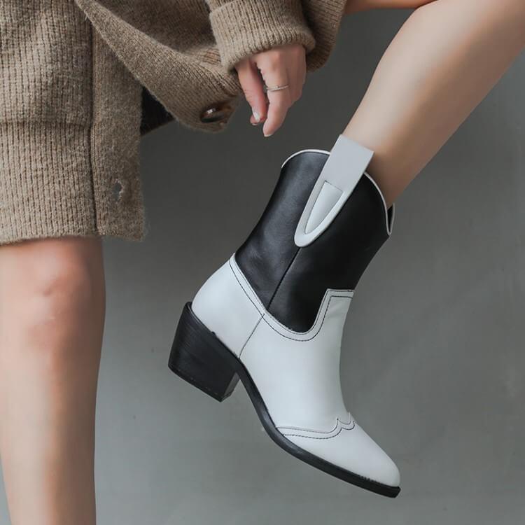 Leather Color Block Chunky Heel Point Toe Calf Boots