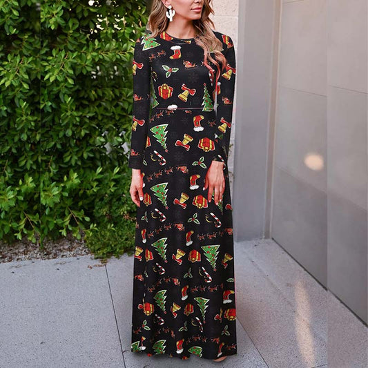 Christmas Long Sleeve Print Maxi Dress