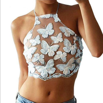 Spaghetti Strap Butterfly Embroidery Backcross Sleeveless Crop Top