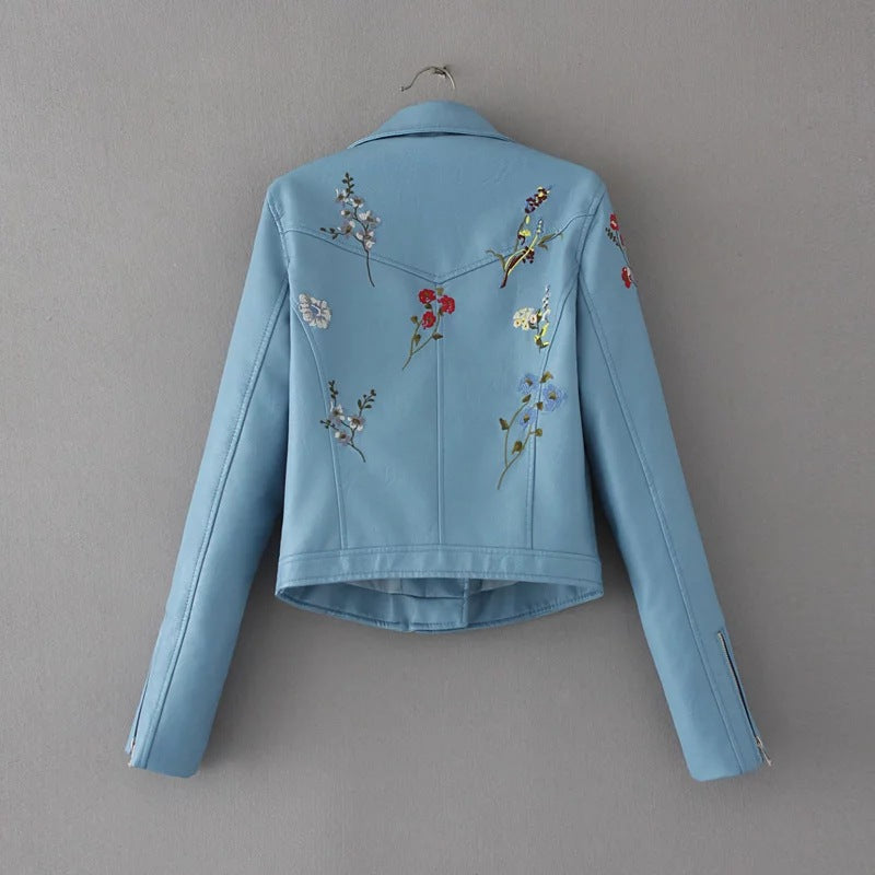 Embroidery Lapel Zipper Short PU Jacket