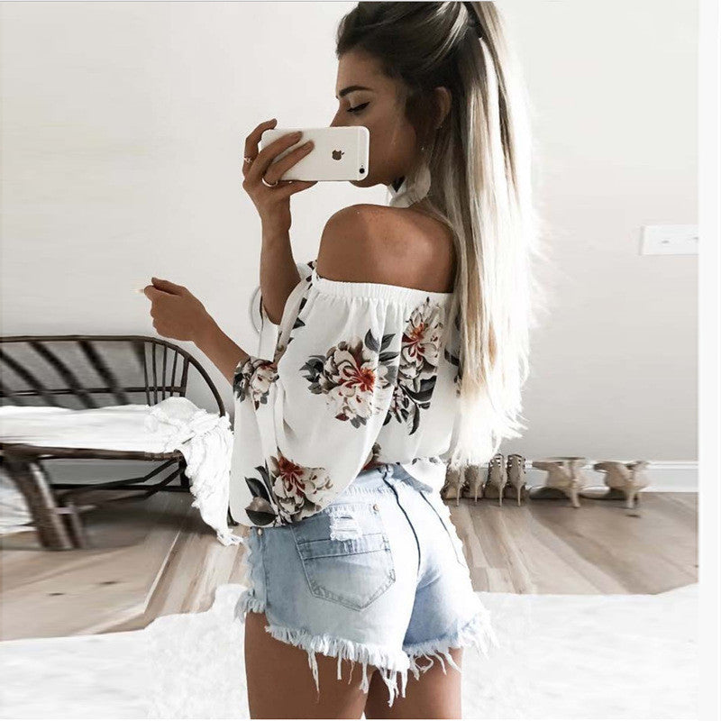 Strapless Print Short Sleeve Loose Blouse