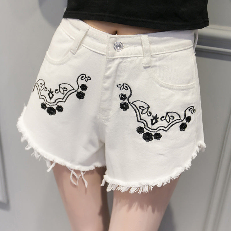 Print Pure Color Hole Embroidery Denim Loose Shorts