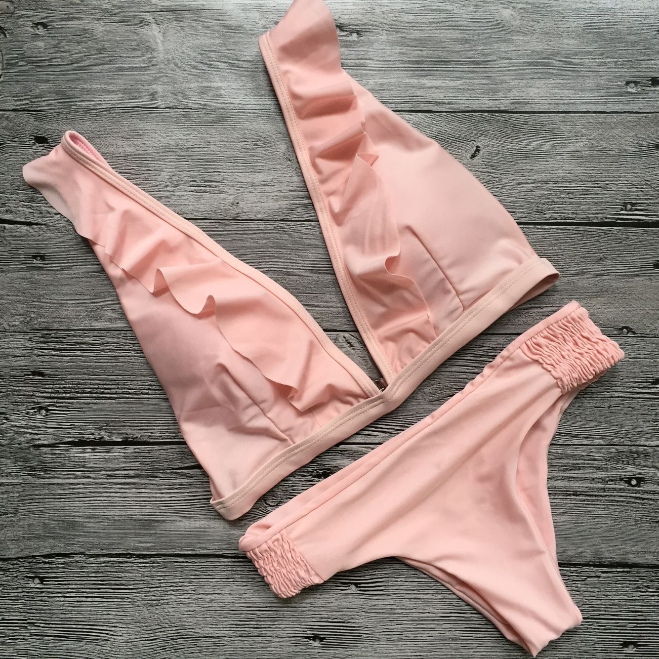 Pure Color Falbala Bikini Set
