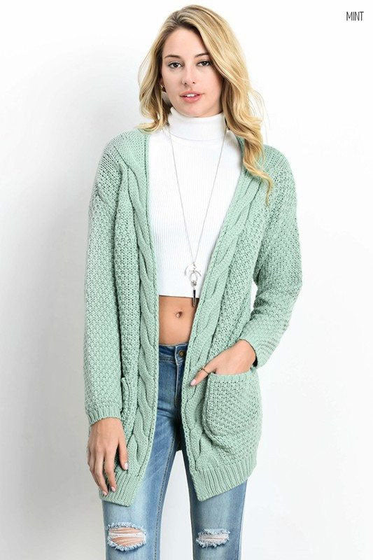 Cable Pockets Solid Color Long Cardigan