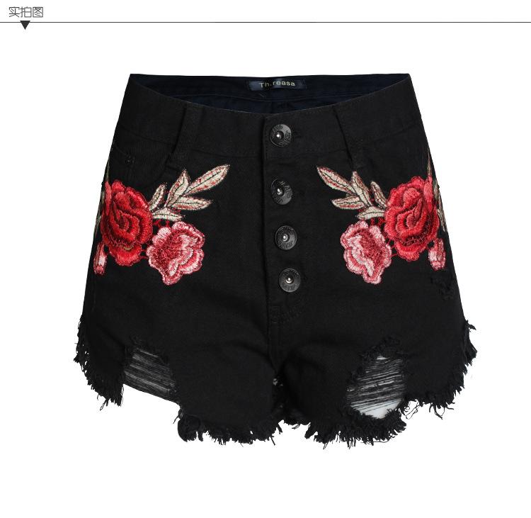 High Waist Flower Embroidery Denim Slim Shorts