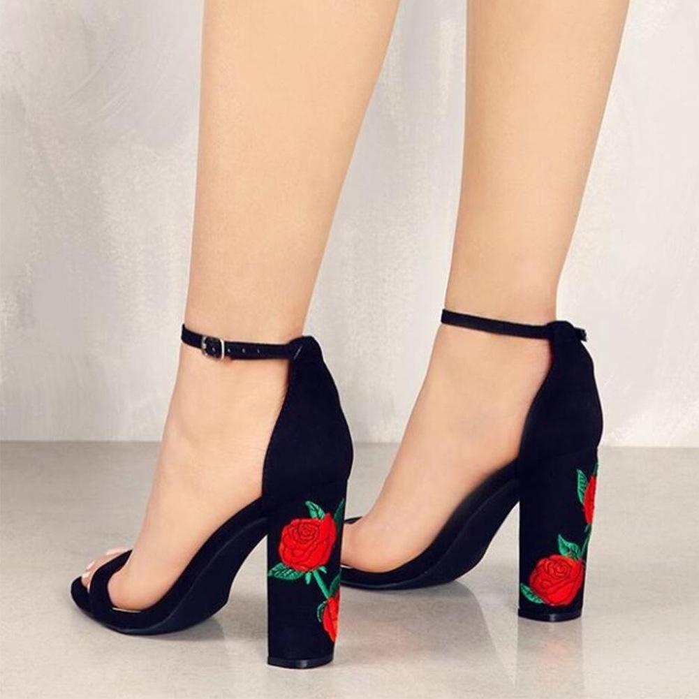 Embroidery Chunky Heels Open Toe Ankle Wrap Sandals