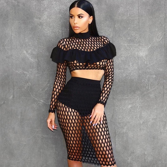 Hollow-out Transparent Mesh Crop Top with Knee-length Skirt Two Pieces Dress Set