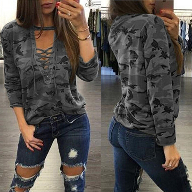 Camouflage Print Straps Cross Hollow Out Sweatshirt