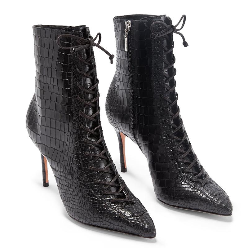 Sexy PU Snakeskin Point Toe Strap High Heel Ankle Boots