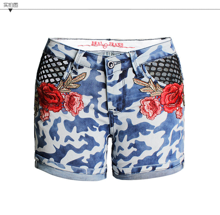 Camouflage Blue Flower Embroidery Curled Hole Denim Shorts