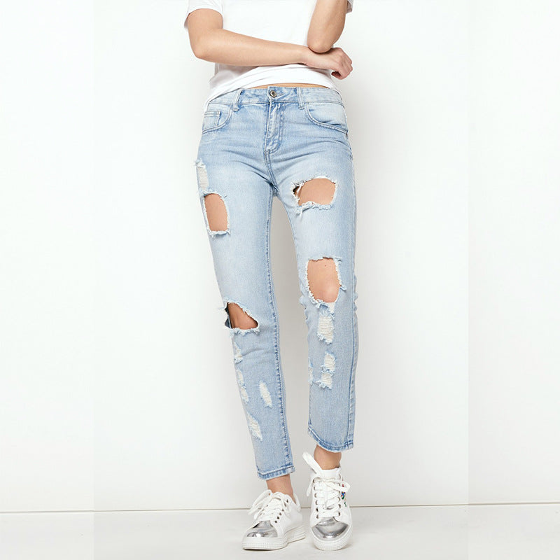Casual Cut Out Holes Middle Waist Long Skinny Jeans
